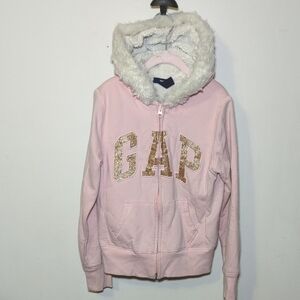 Gap Pink Glitter Graphic Hoodie with Faur Fur + Sherpa Lining Girls Size M 8-9